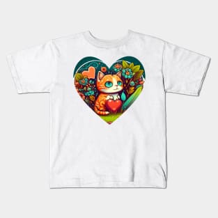 Bright Eyed Orange Cat With Big Heart In The Garden - Funny Cats Kids T-Shirt